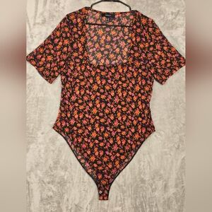 Forever 21 Black Floral Bodysuit with Orange and Pink Accents